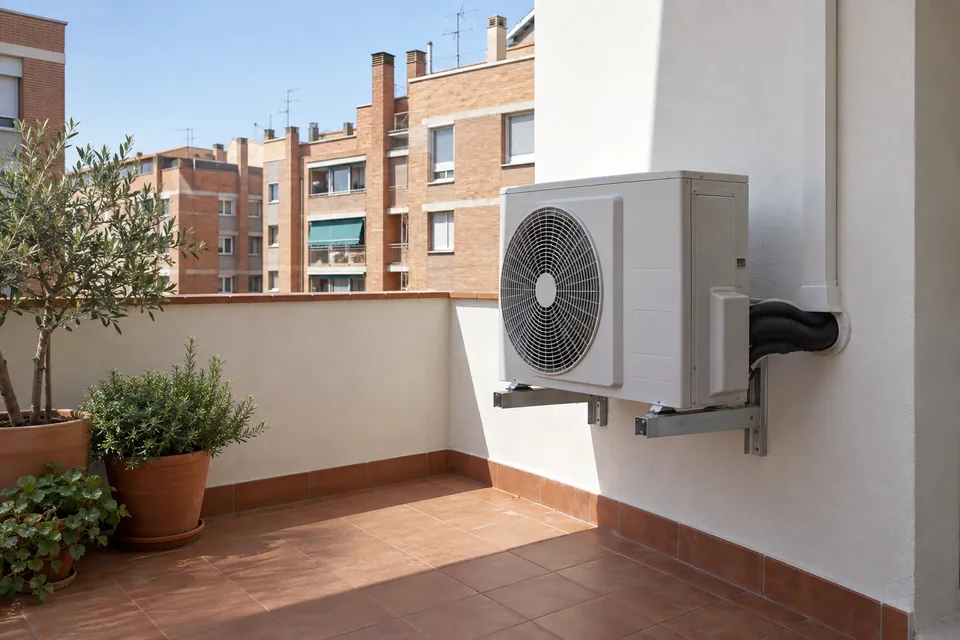 Unitat exterior d'aerotèrmia a la terrassa del darrere d'un pis