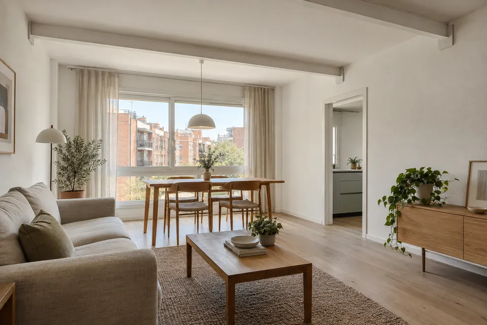 Salón de un piso de los años 60 con el techo reforzado con perfiles de acero pintados de blanco