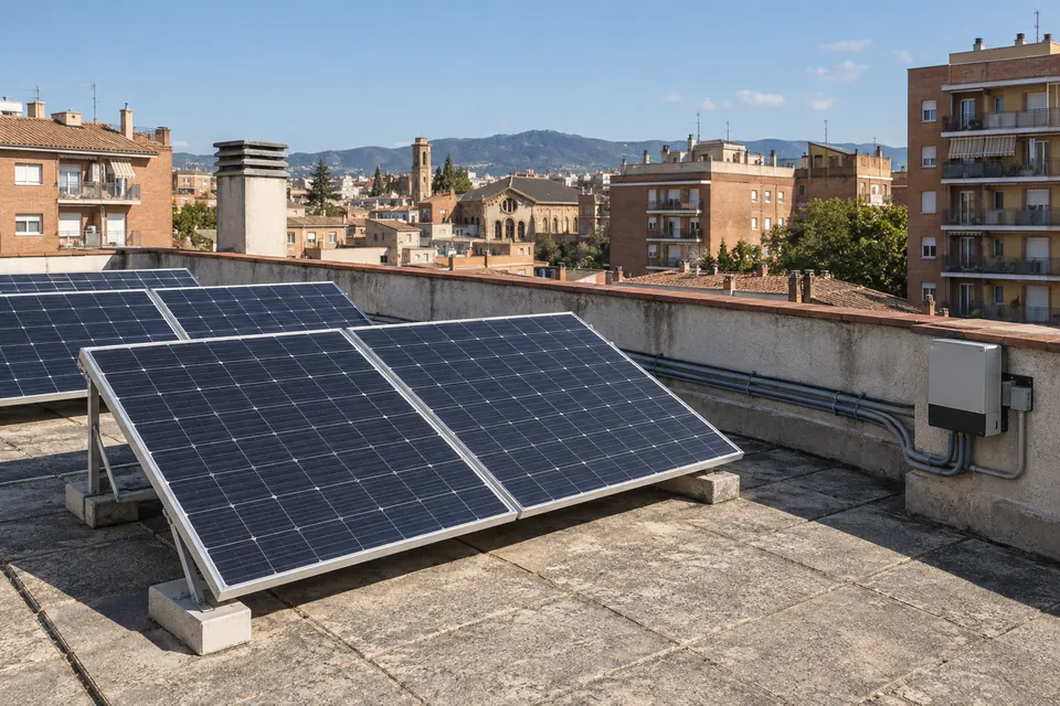 Plaques solars fotovoltaiques al terrat d'un bloc de pisos