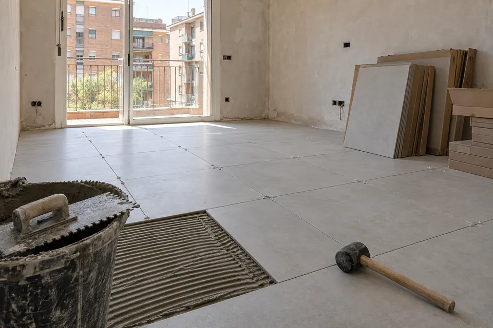 Paviment porcellànic a mig col·locar al menjador d'un pis en reforma