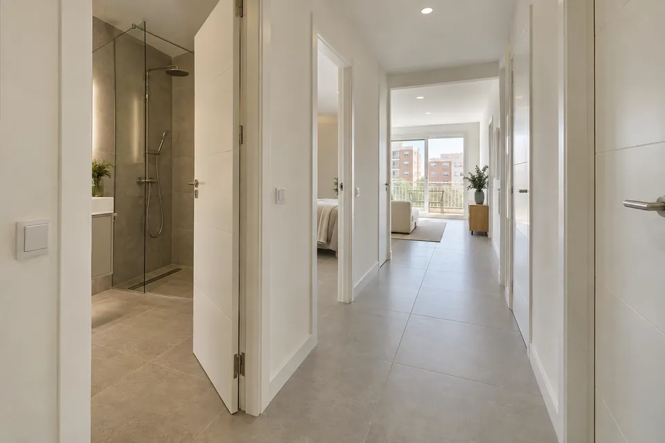 Passadís d'un pis d'uns 70 m² acabat de reformar, amb paviment porcellànic i portes noves