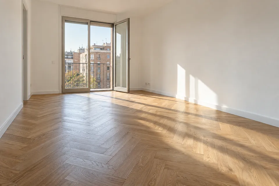 Menjador buit amb terra nou de parquet de roure en espiga