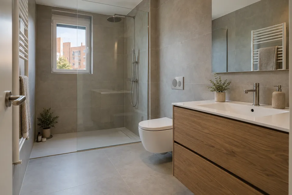 Bany reformat amb plat de dutxa, mampara i sanitaris suspesos
