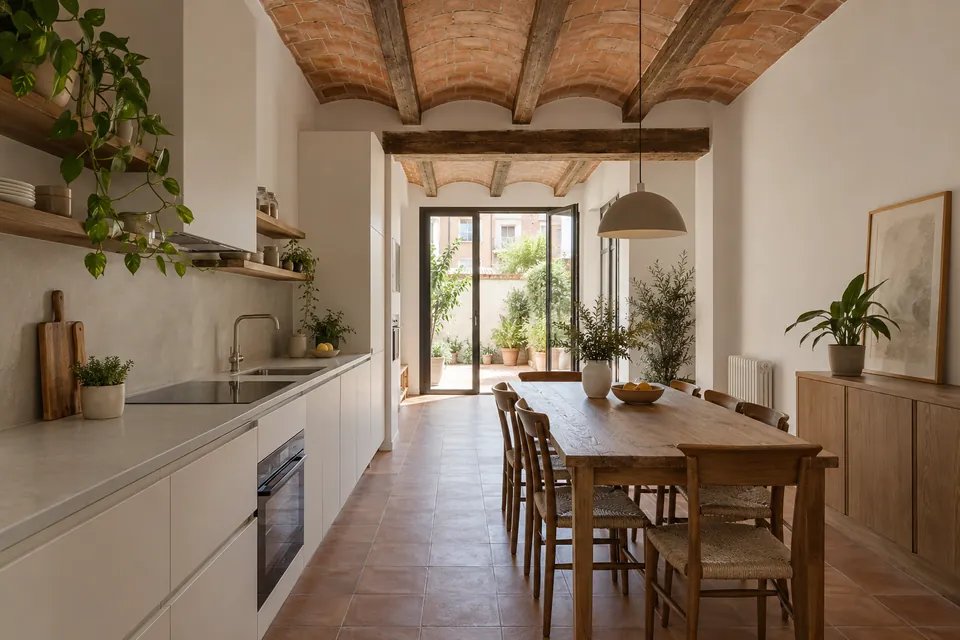 Planta baixa d'una casa estreta reformada, amb volta catalana i sortida a l'eixida