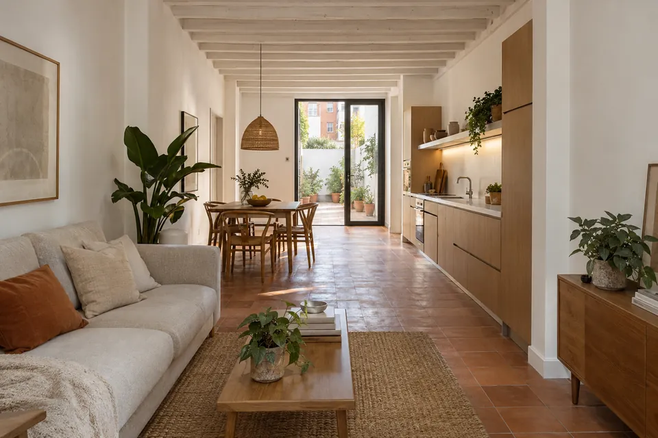 Planta baixa reformada d'una casa adossada antiga, amb bigues vistes i sortida a un petit pati